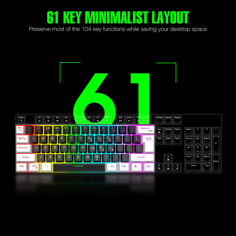 Teclado para jogos com fio 60%, mini teclado ultracompacto com retroiluminação RGB