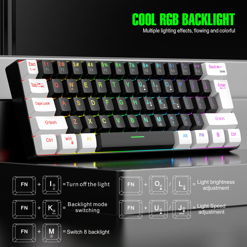 Teclado para jogos com fio 60%, mini teclado ultracompacto com retroiluminação RGB