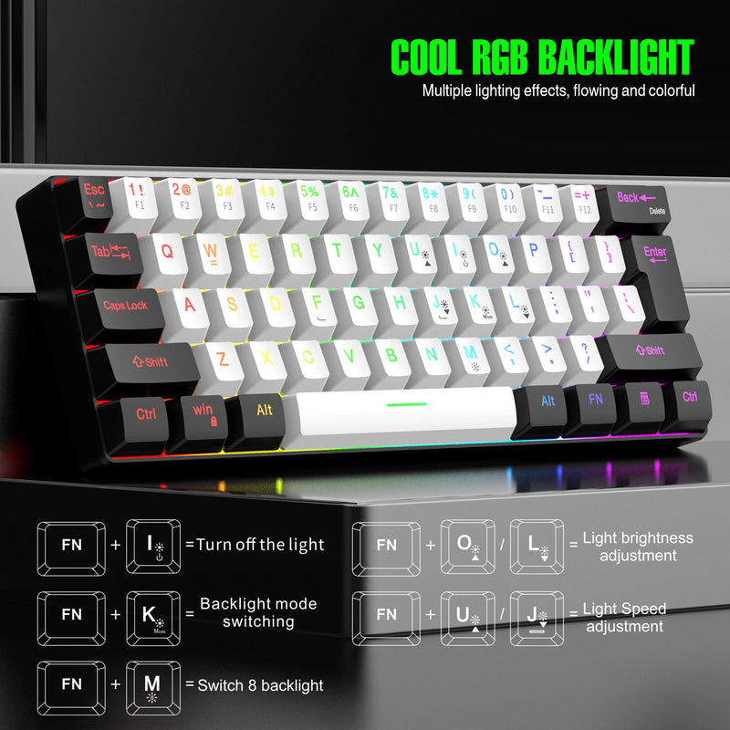 Teclado para jogos com fio 60%, mini teclado ultracompacto com retroiluminação RGB