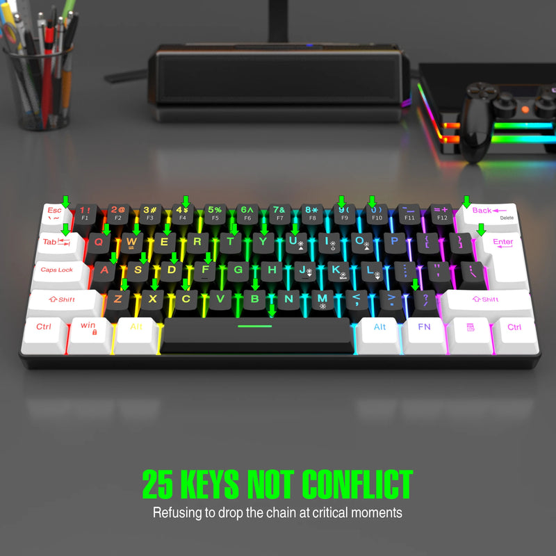 Teclado para jogos com fio 60%, mini teclado ultracompacto com retroiluminação RGB